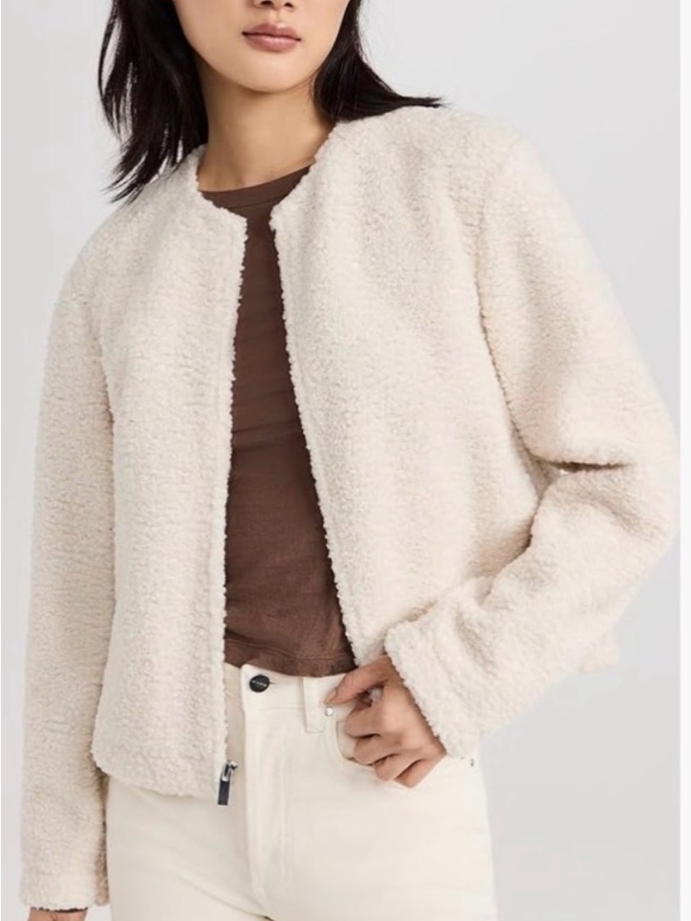 Theory Cream Faux Shearling Collarless Zip Jacket